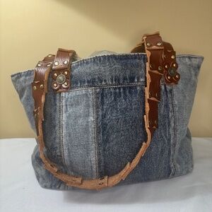 Patricia Nash Blue Denim Tote with Brown Leather Straps